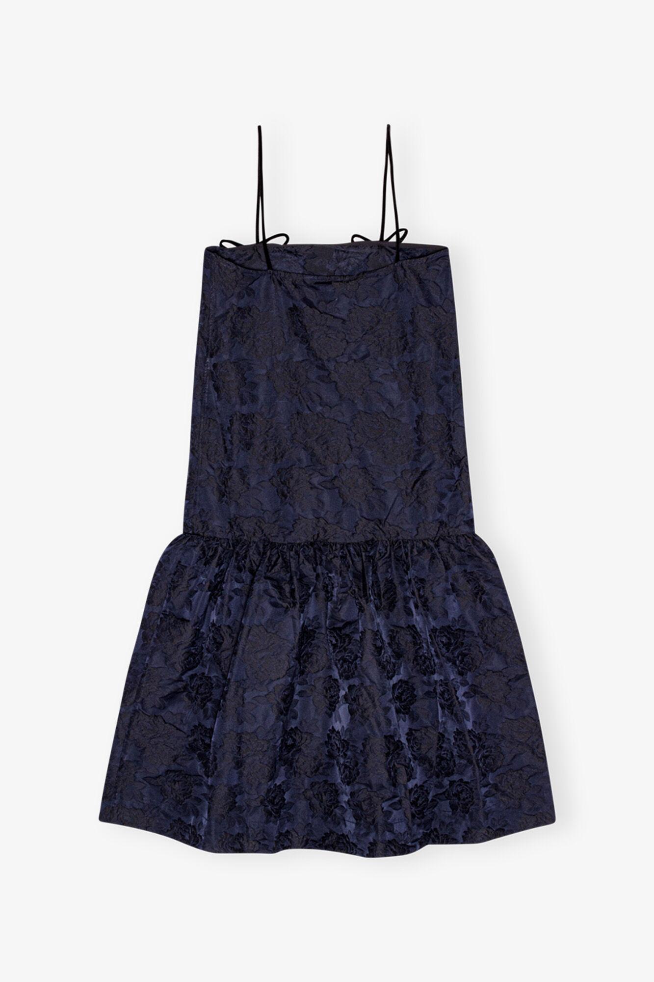 Navy Blue Botanical Jacquard Strap Midi Dress Product Image