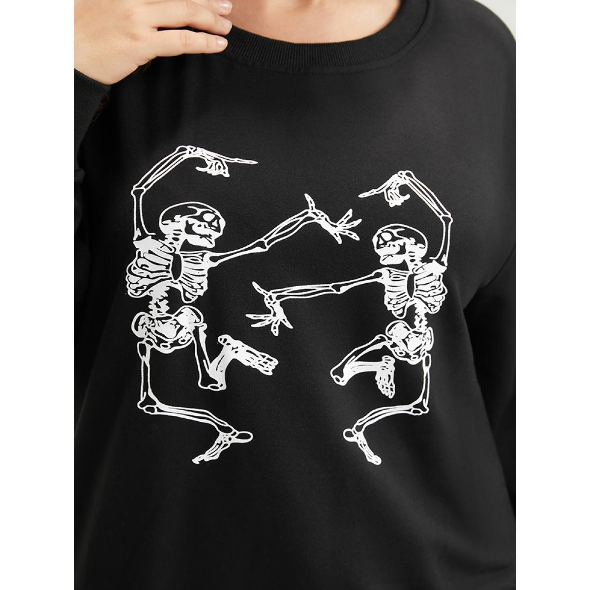 Plus Size Halloween Solid Skull Print Drop Shoulder Sweatshirt Women Black Casual Plain Loose Round Neck Dailywear Sweatshirts BloomChic 22-24/3X Product Image