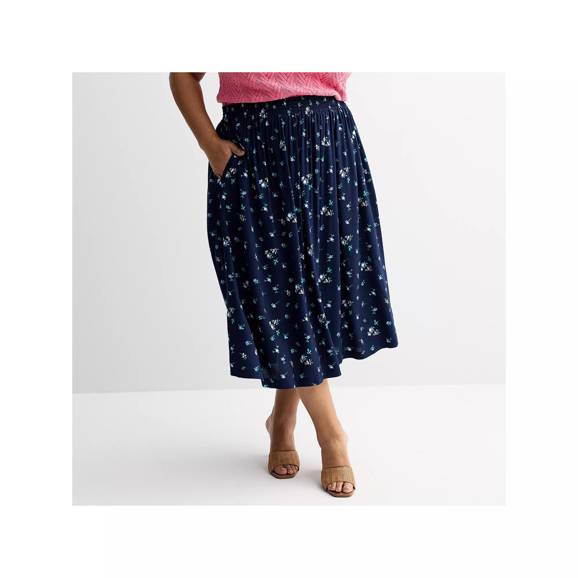 Plus Size Croft & Barrow® Polished Front Pull-On Skirt, Women's, Size: 2XL, Navy Blue Floral Product Image