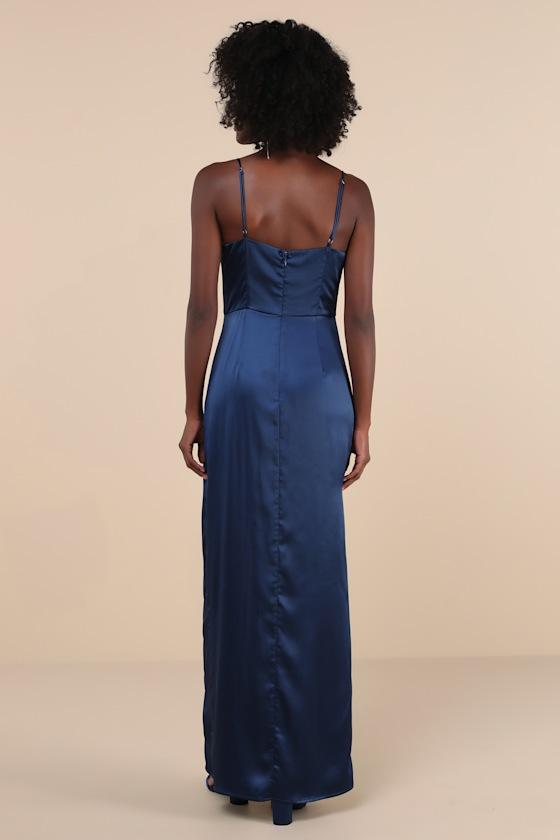 Stunning Expression Navy Blue Satin Pleated Tulip Maxi Dress Product Image