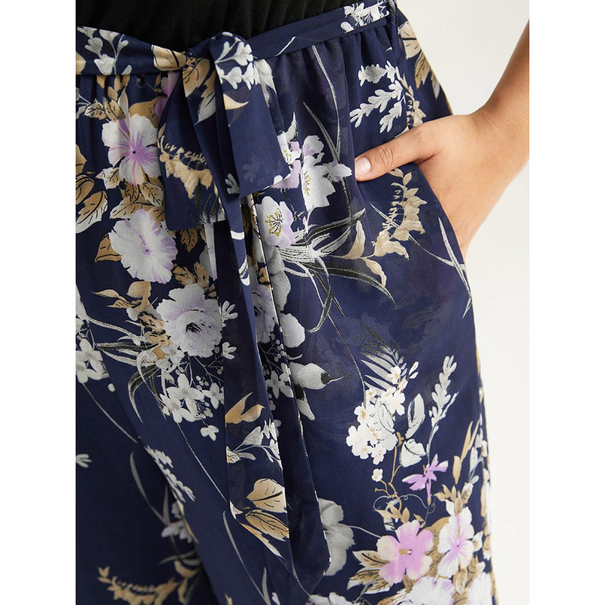 Plus Size Indigo Floral Patchwork Belted Jumpsuit Women Elegant Elbow-length sleeve Round Neck Everyday Loose Jumpsuits BloomChic 28/5X Product Image