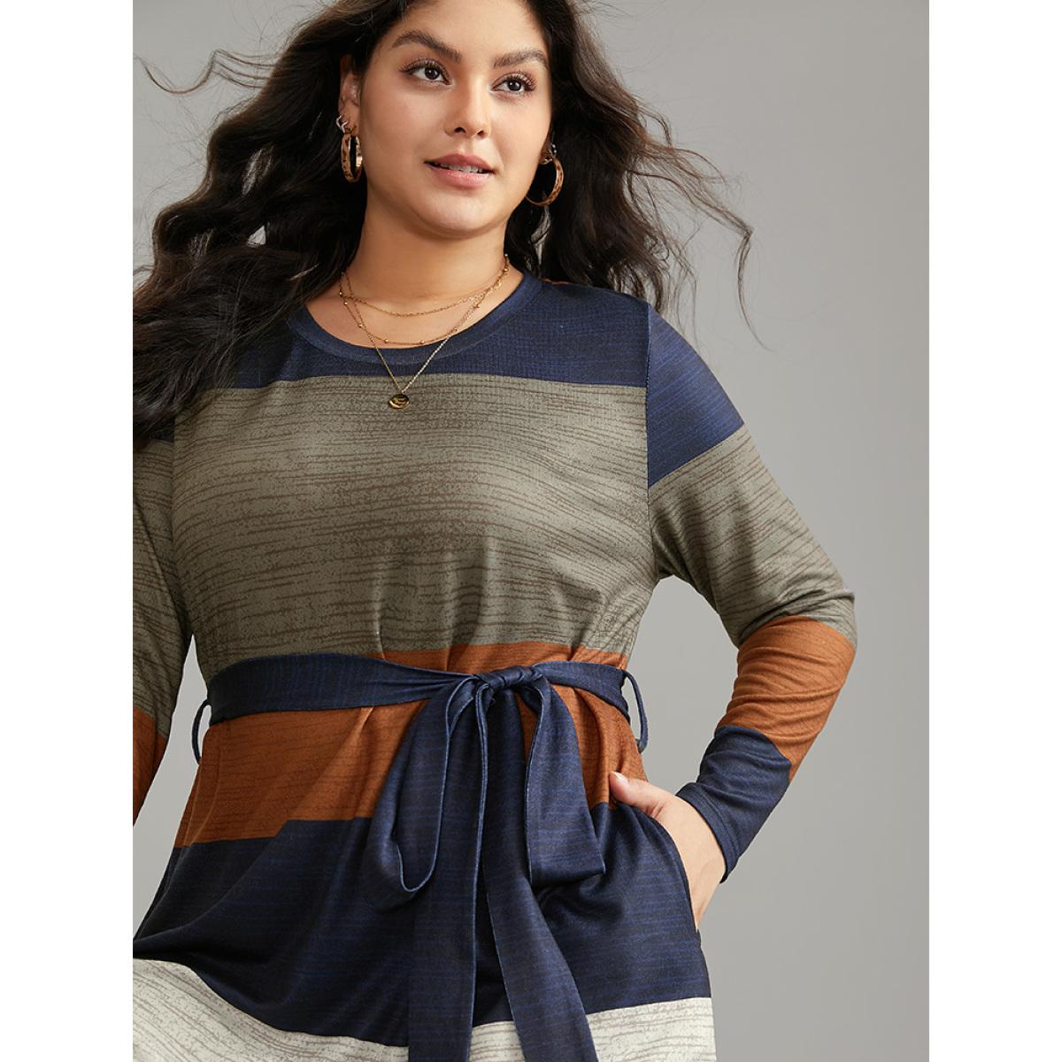 Plus Size Colorblock Contrast Heather Belted Dress Multicolor Women Casual Non Round Neck Long Sleeve Curvy Midi Dress BloomChic 12/L Product Image