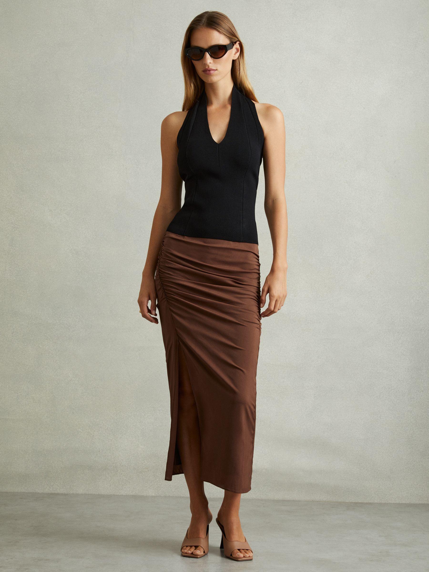 Ruched Front Split Midi Skirt in Chocolate Product Image