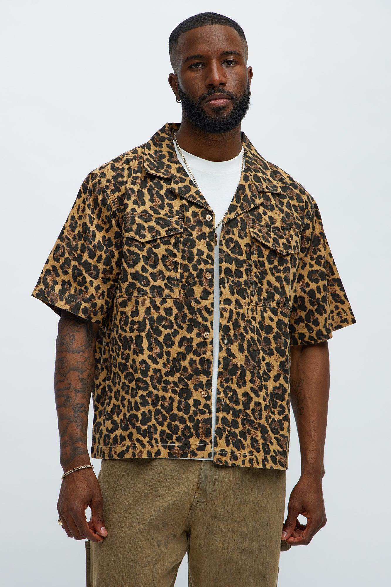 Cuban Collar Cheetah Print Button UpShirt - Tan/Multi Product Image