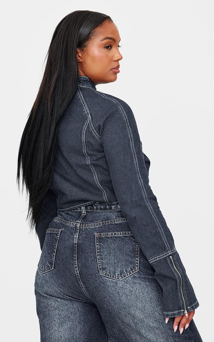 Plus Indigo Blue Wash Zip Up Cuff Detail Denim Jacket Product Image