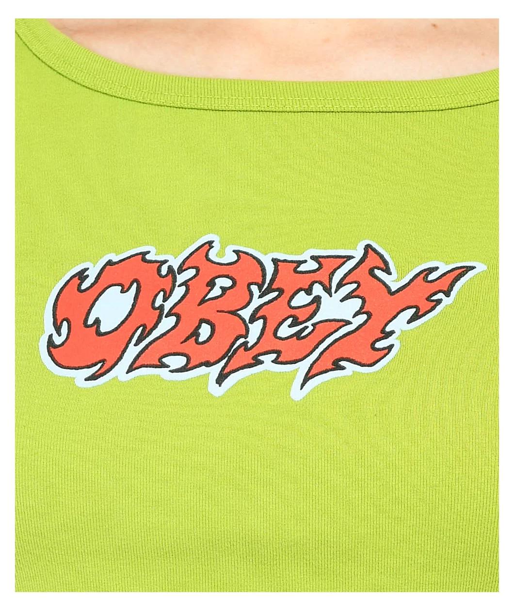 Obey Jess Flame Logo Green Long Sleeve Crop T-Shirt Product Image
