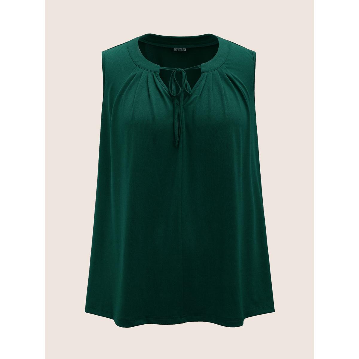 Plus Size Plain Tie Neck Plicated Detail Tank Top Women DarkGreen Work From Home Pleated Notched collar Work Tank Tops Camis BloomChic 28/5X Product Image
