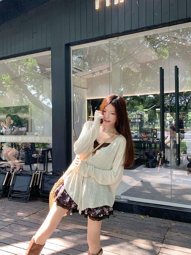 V-Neck Button-Up Plain Sheer Slit Cardigan Product Image