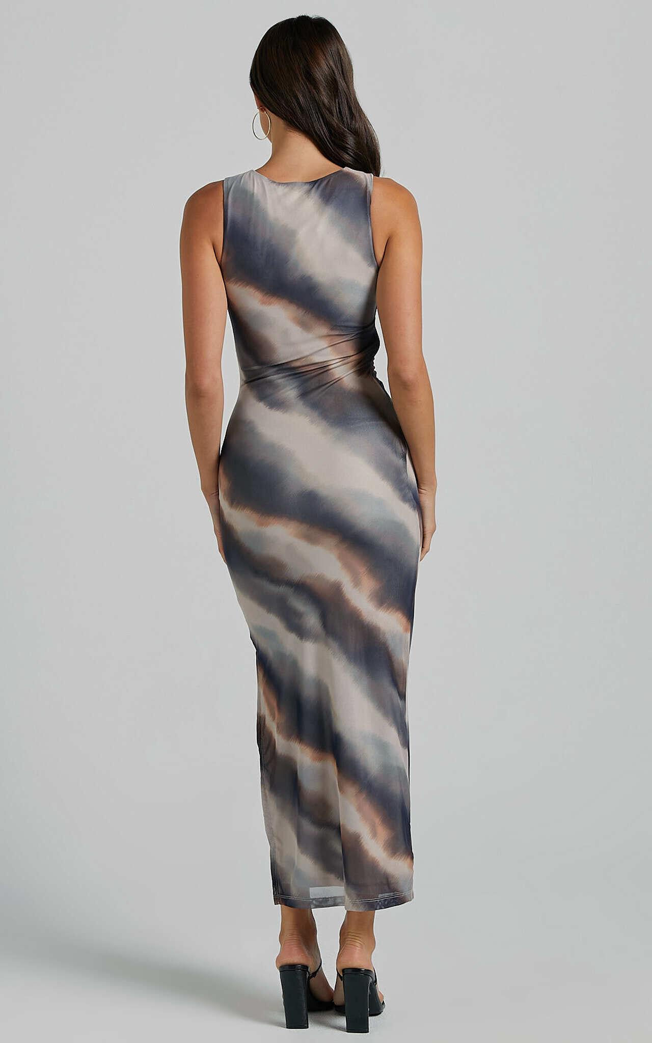 Loralie Midi Dress - Mesh High Neck Bodycon Dress in Brown Tie Dye Product Image