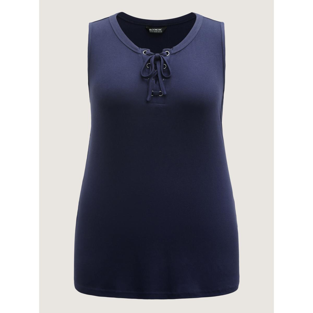 Plus Size Pit Strip Tie Neck Tank Top Women Navy Leisure Eyelet Non Casual Tank Tops Camis BloomChic 12/L Product Image