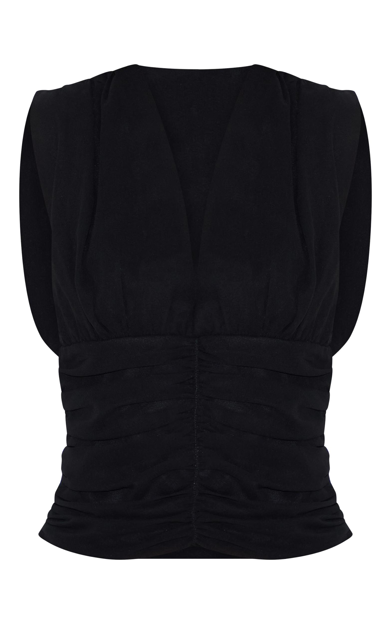 Black Chiffon Plunge Ruched Bodice Top Product Image