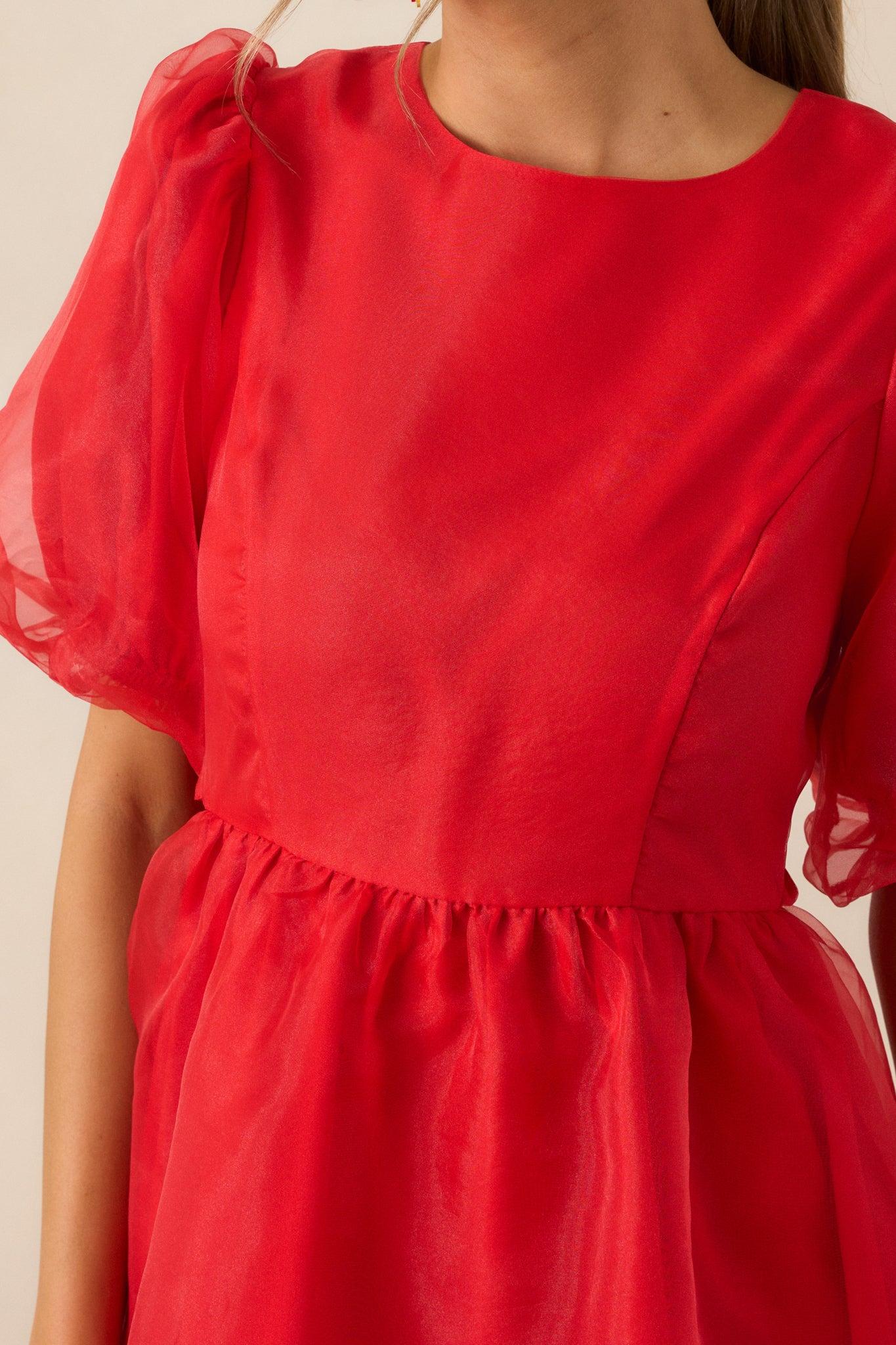 Another Kiss Red Puff Sleeve Mini Dress Product Image