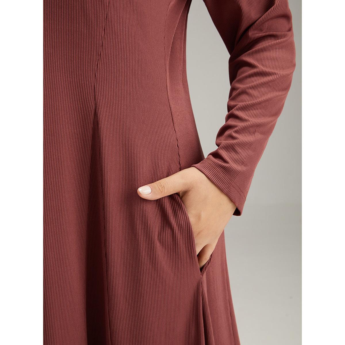 Plus Size Rib Knit Solid Button Up Pocket Ruffle Hem Dress Scarlet Women Casual Plain Round Neck Long Sleeve Curvy Midi Dress BloomChic 30/6X Product Image