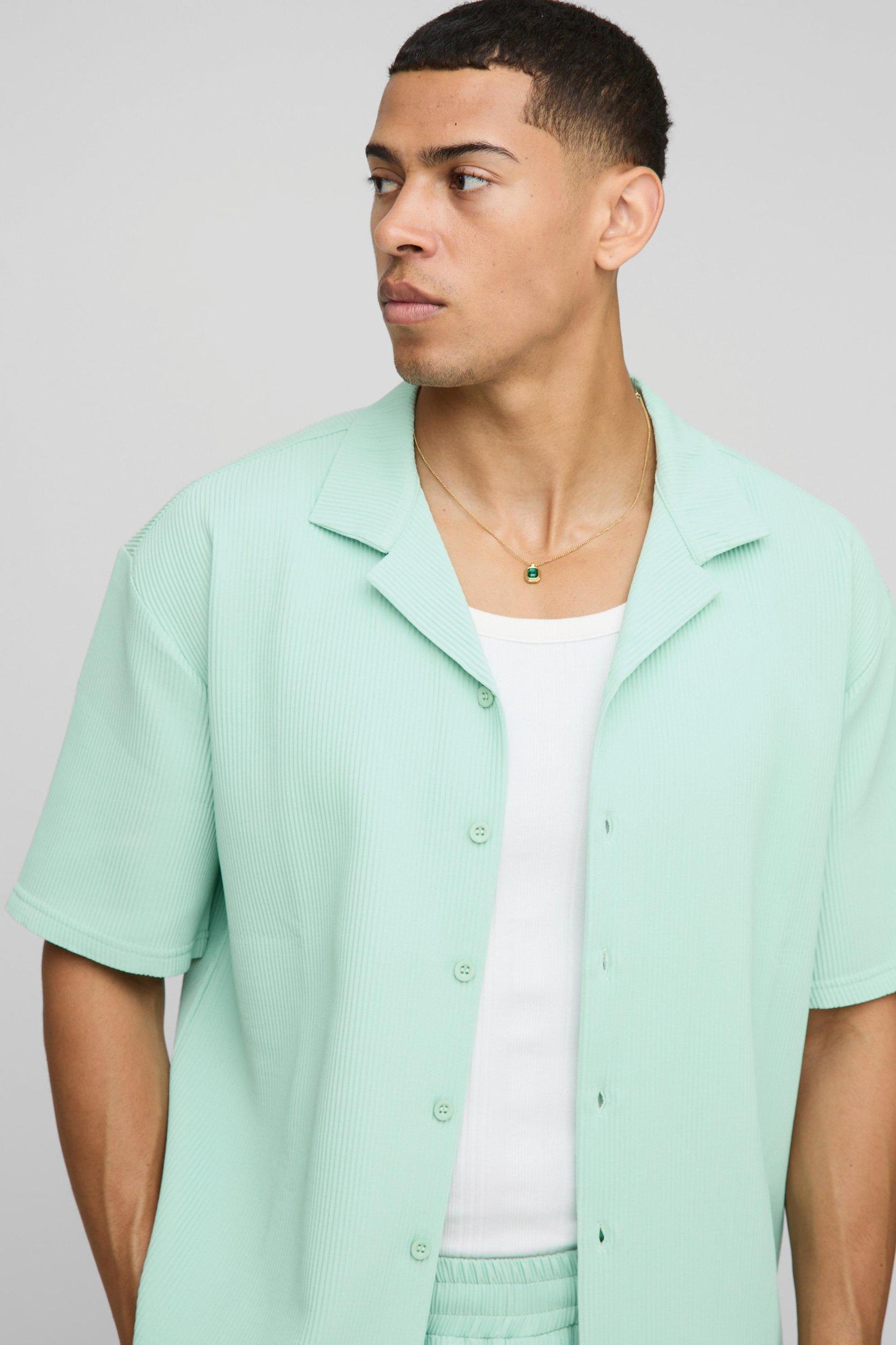 Oversized Pleated Short Sleeve Panel Shirt & Short Set | boohooMAN USA Product Image