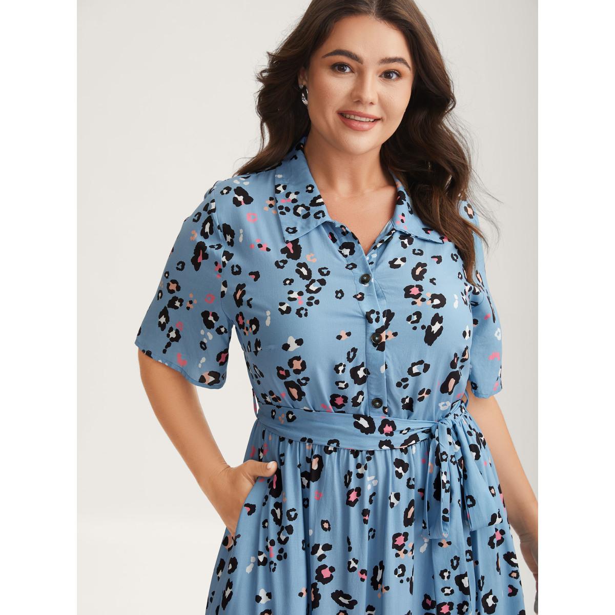 Plus Size Floral Print Collar Belted Midi Dress Stone Women Shirt collar Short sleeve Curvy BloomChic 12/L Product Image