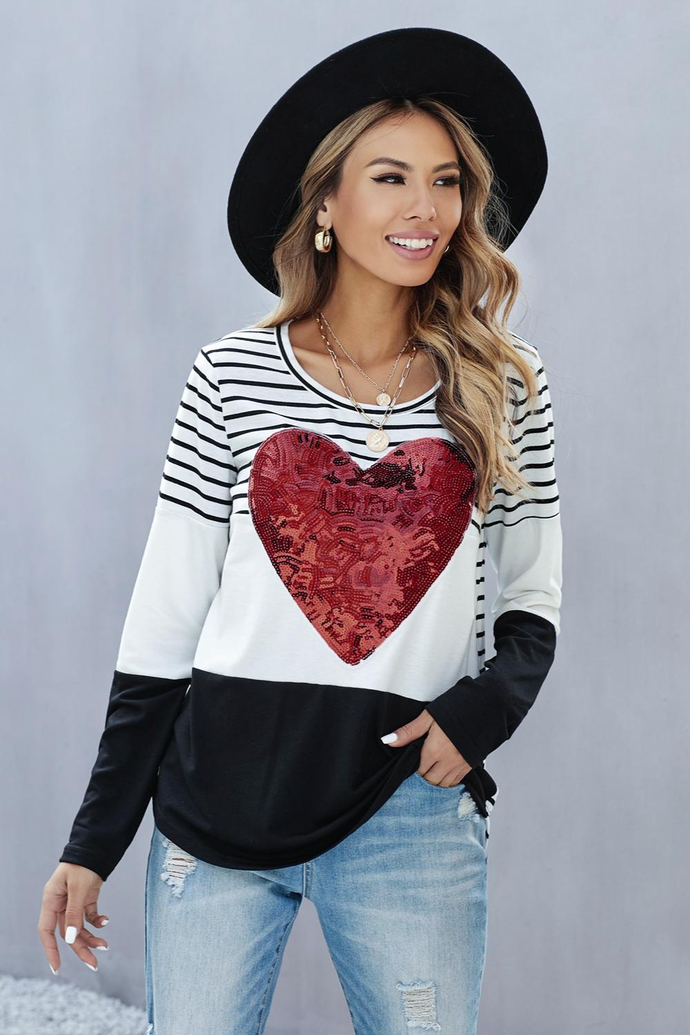 Heart sequins striped top Product Image