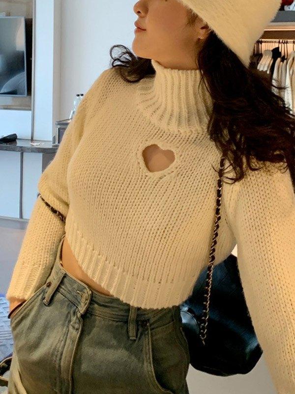 Cutout Heart Turtleneck Cropped Sweater Product Image