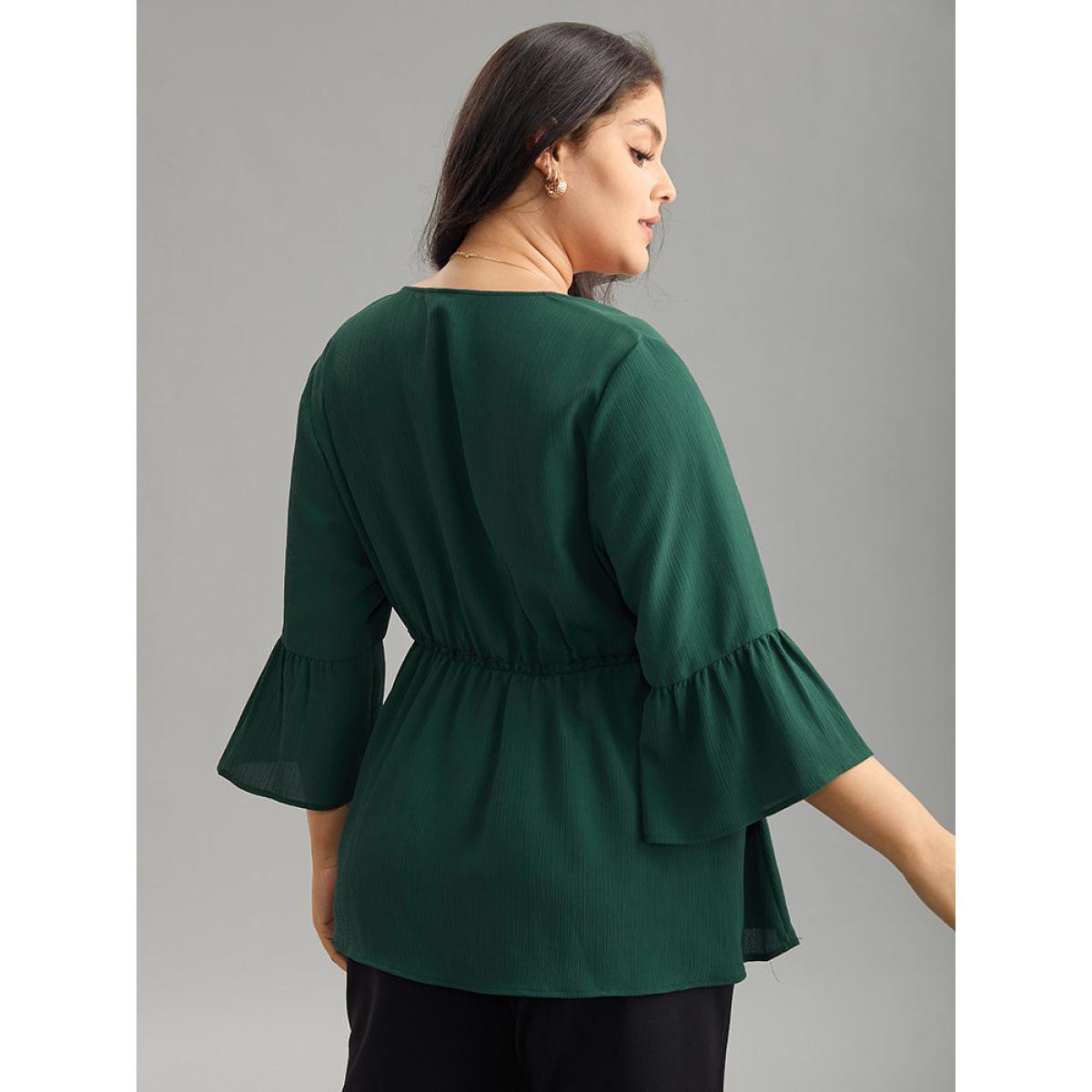 Plus Size DarkGreen Plisse Button Detail Elastic Waist Blouse Women Work From Home Elbow-length sleeve V-neck Office Blouses BloomChic 22-24/3X Product Image