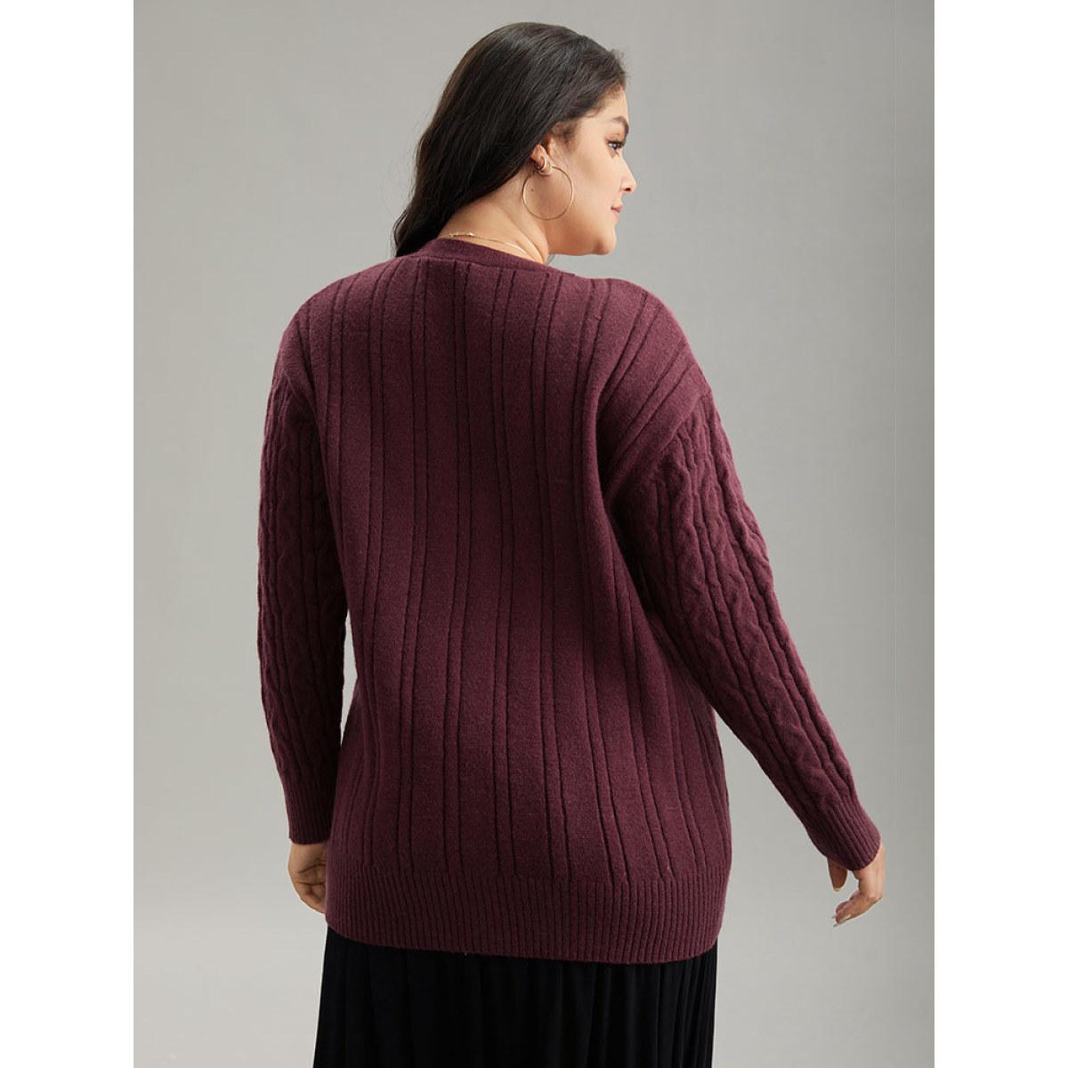 Plus Size Solid Cable Knit Button Fly Cardigan Burgundy Women Casual Loose Long Sleeve Everyday Cardigans BloomChic 14-16/1X Product Image