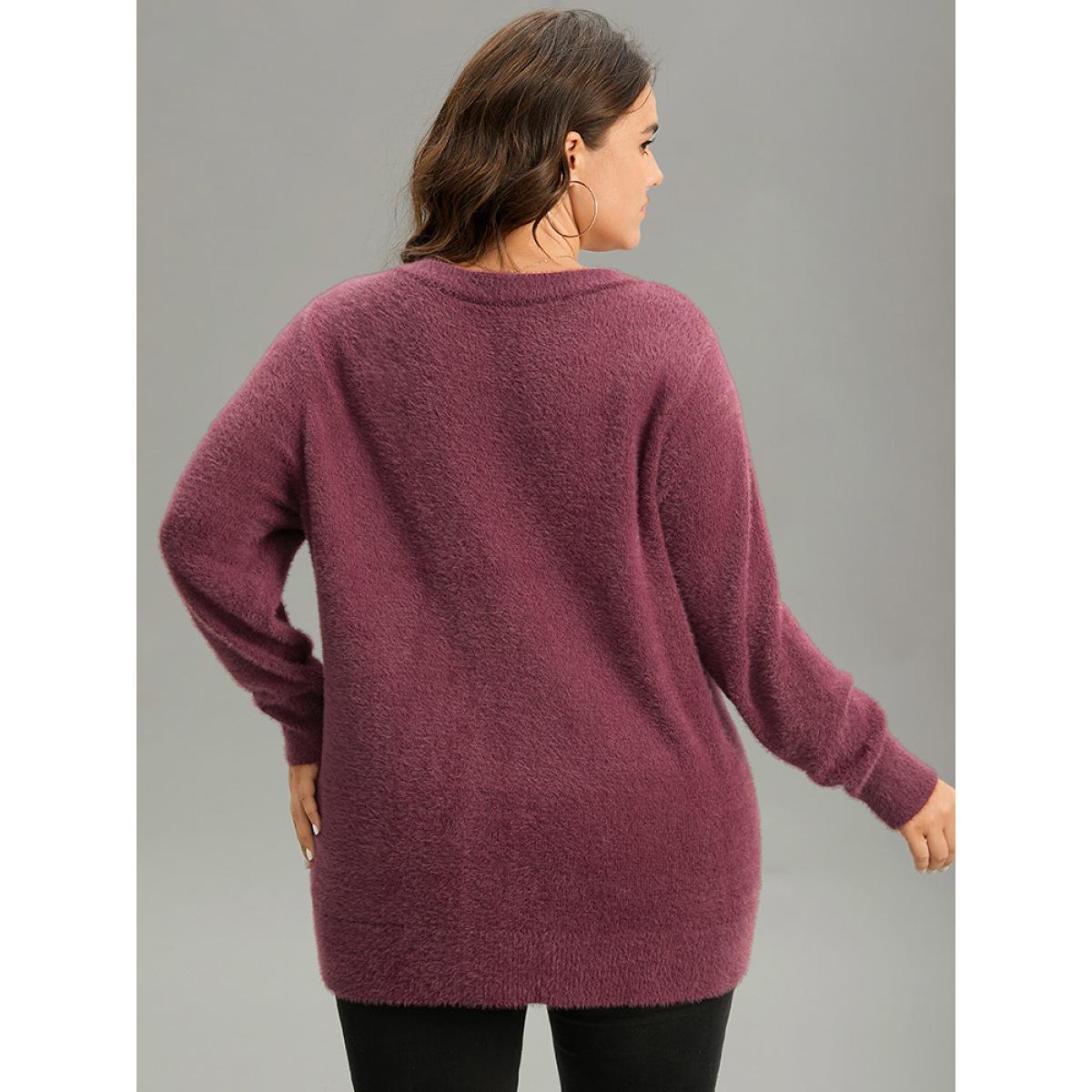 Plus Size Christmas Sequin Embroidered Fluffy Pullover Burgundy Women Casual Loose Long Sleeve Round Neck Festival-Christmas Pullovers BloomChic 12/L Product Image