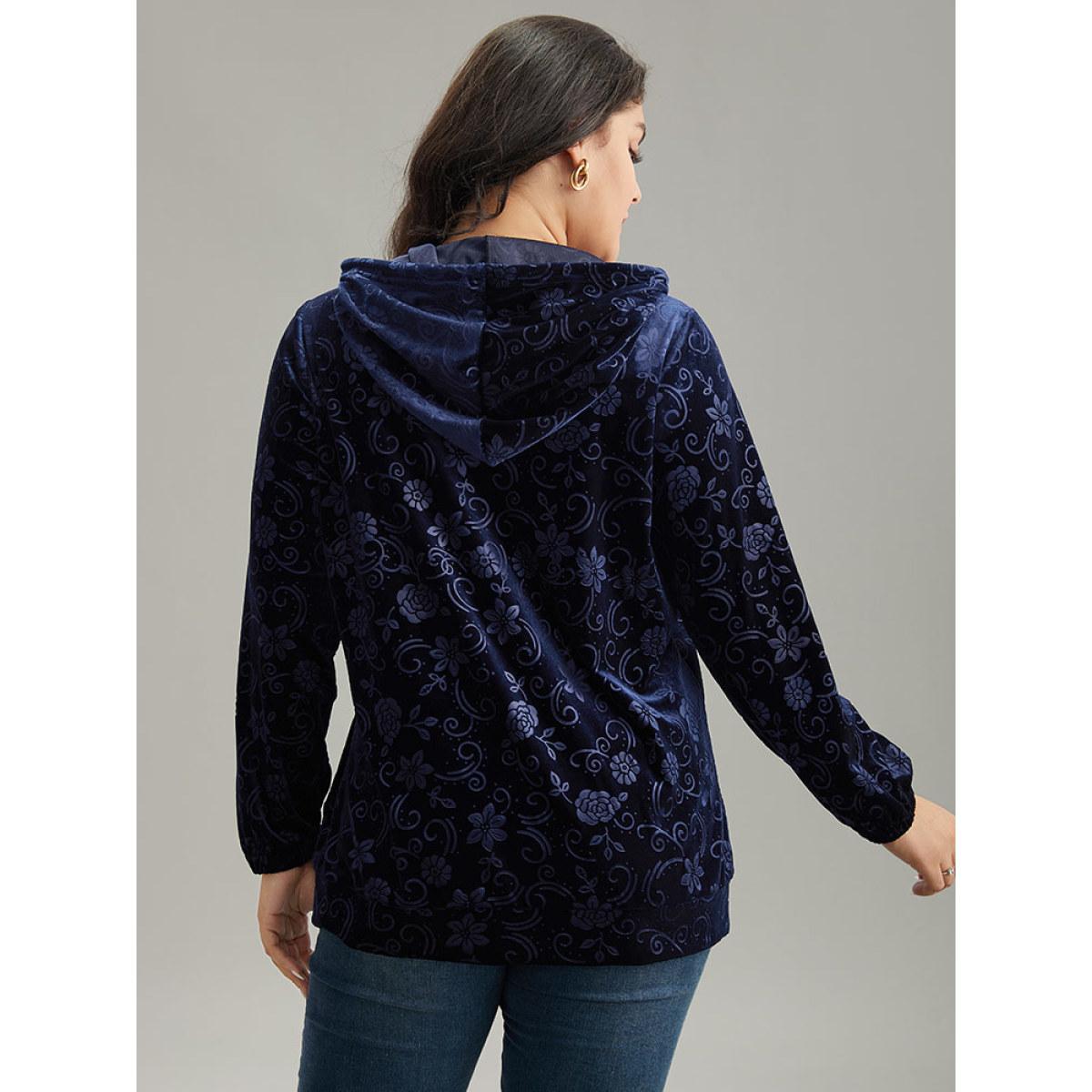 Plus Size Velvet Solid Floral Hooded Drawstring Sweatshirt Women Navy Elegant Elastic cuffs Hooded Dailywear Sweatshirts BloomChic 26/4X Product Image