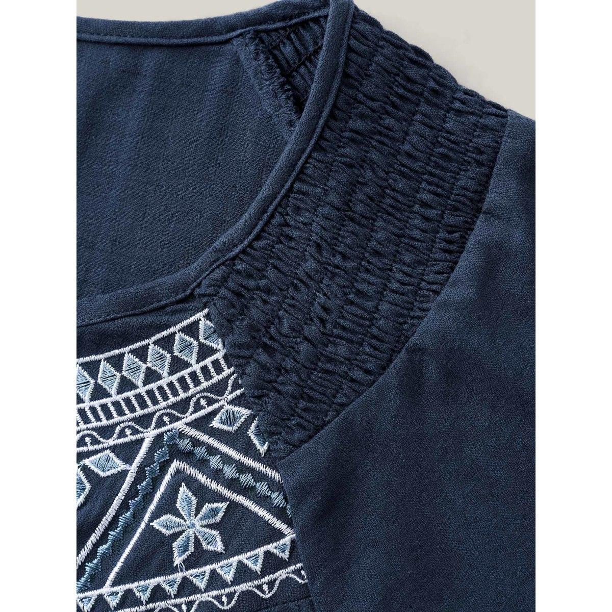 Plus Size Indigo Cotton Boho Embroidered Neck Shirred Shoulder Blouse Women Boho Half Sleeve Notched collar Vacation Blouses BloomChic 26/4X Product Image