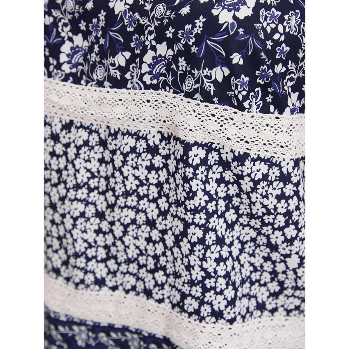 Plus Size Indigo Ditsy Floral Patchwork Square Neck Flutter Sleeve Blouse Women Elegant Half Sleeve Square Neck Dailywear Blouses BloomChic 10/M Product Image