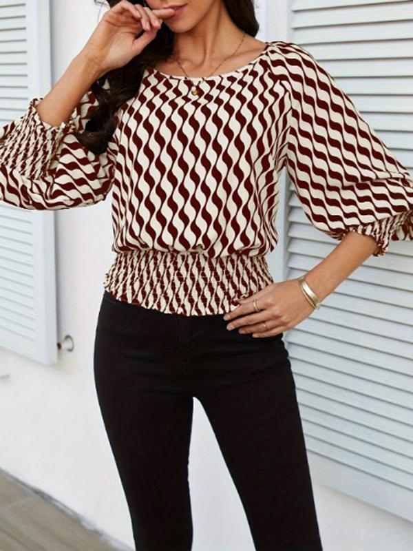 Loose Puff Sleeves Elasticity Printed Split-Joint Round-Neck Blouses&Shirts Tops Product Image