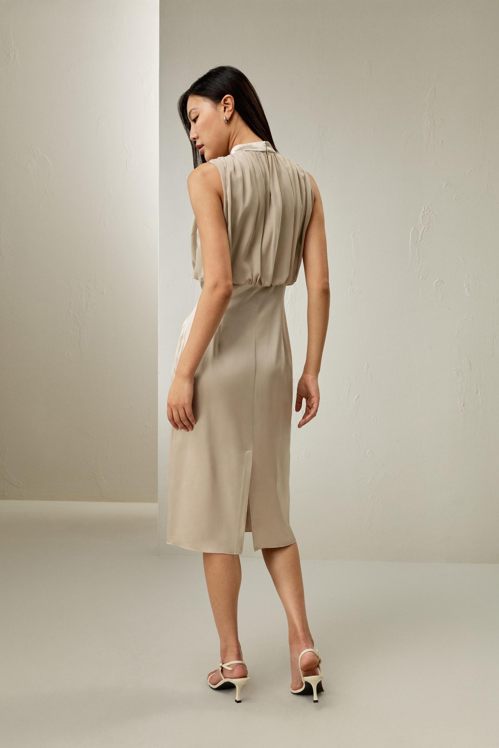 Pleated Sleeveless Midi Silk Dress Product Image