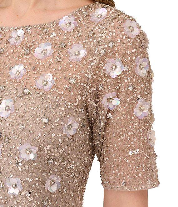 Adrianna Papell Floral Beaded Mesh Round Neck Short Sleeve Gown Product Image