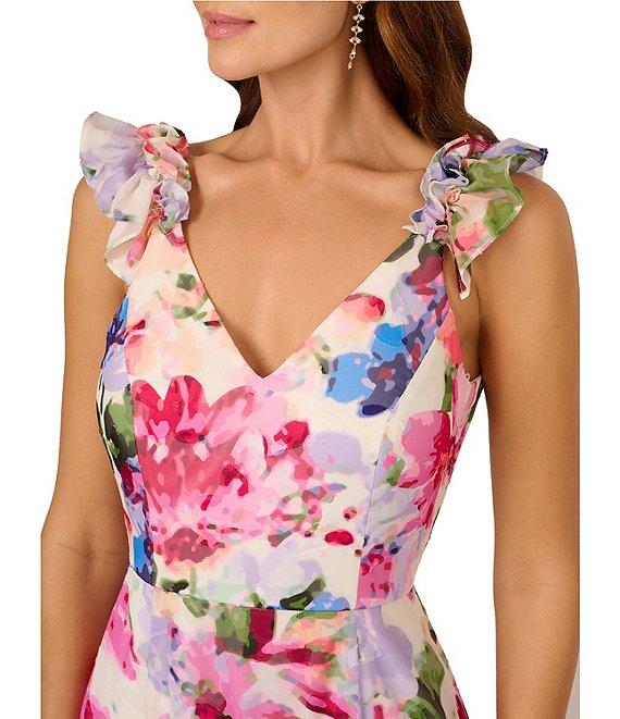 Adrianna Papell Chiffon Floral Print V Neck Sleeveless A-Line Midi Dress Product Image