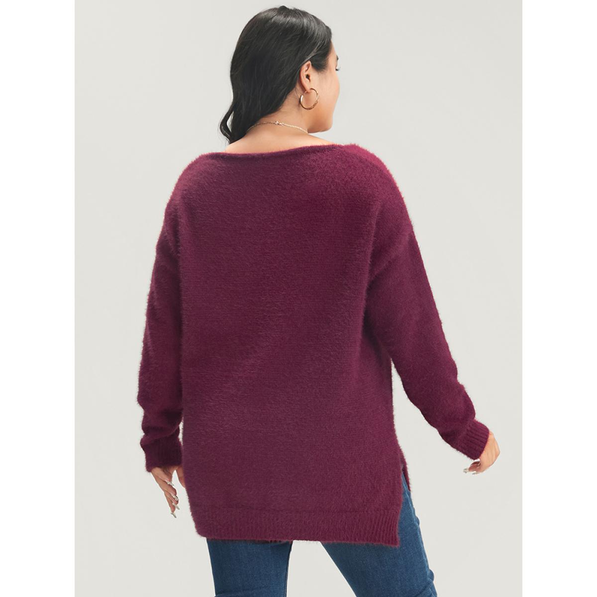 Plus Size Solid Super Soft Plush Knit Split Hem Heather Knit Top Eggplant Women Elegant Loose Long Sleeve Deep V-neck Dailywear Pullovers BloomChic 12/L Product Image