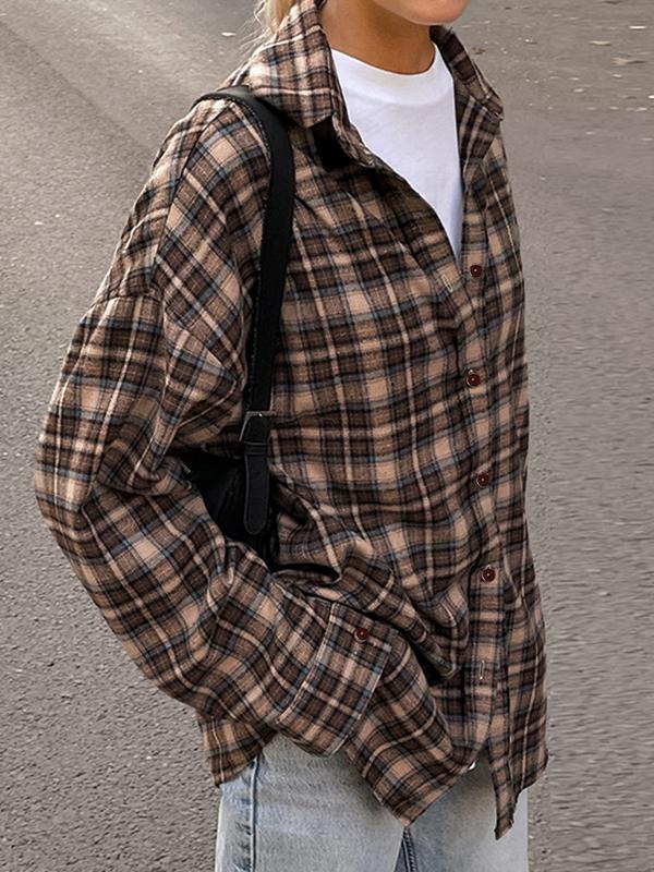 Vintage Plaid Print Long Sleeve Blouse Product Image