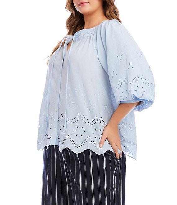 Karen Kane Plus Size Eyelet Embroidered 3/4 Puff Sleeve Tie Neck Top Product Image