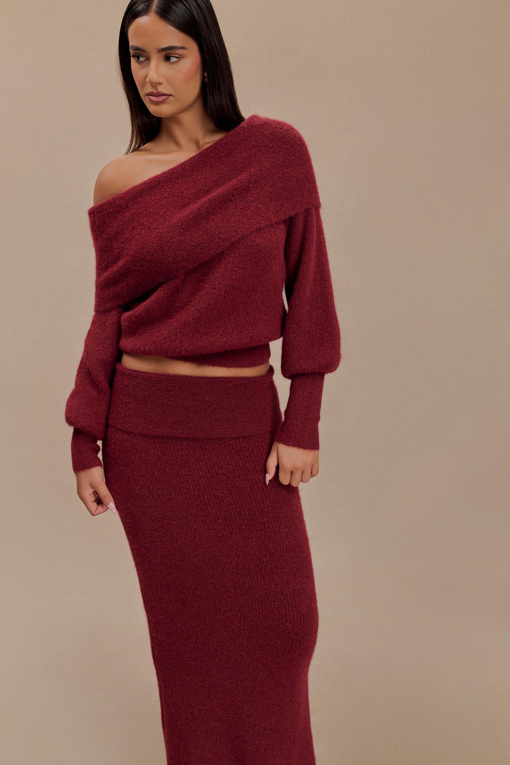 Charlotte Off Shoulder Knit Long Sleeve Top - Merlot Product Image
