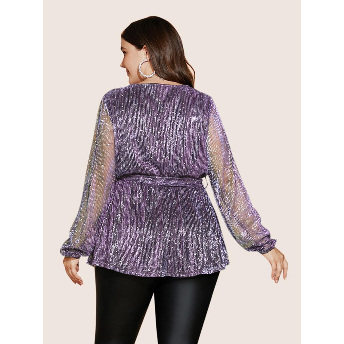 Plus Size Lilac Sequin Mesh Lantern Sleeve Wrap Belted Striped Blouse Women Party&Cocktail Long Sleeve Overlap Collar Party Blouses BloomChic 10/M Product Image