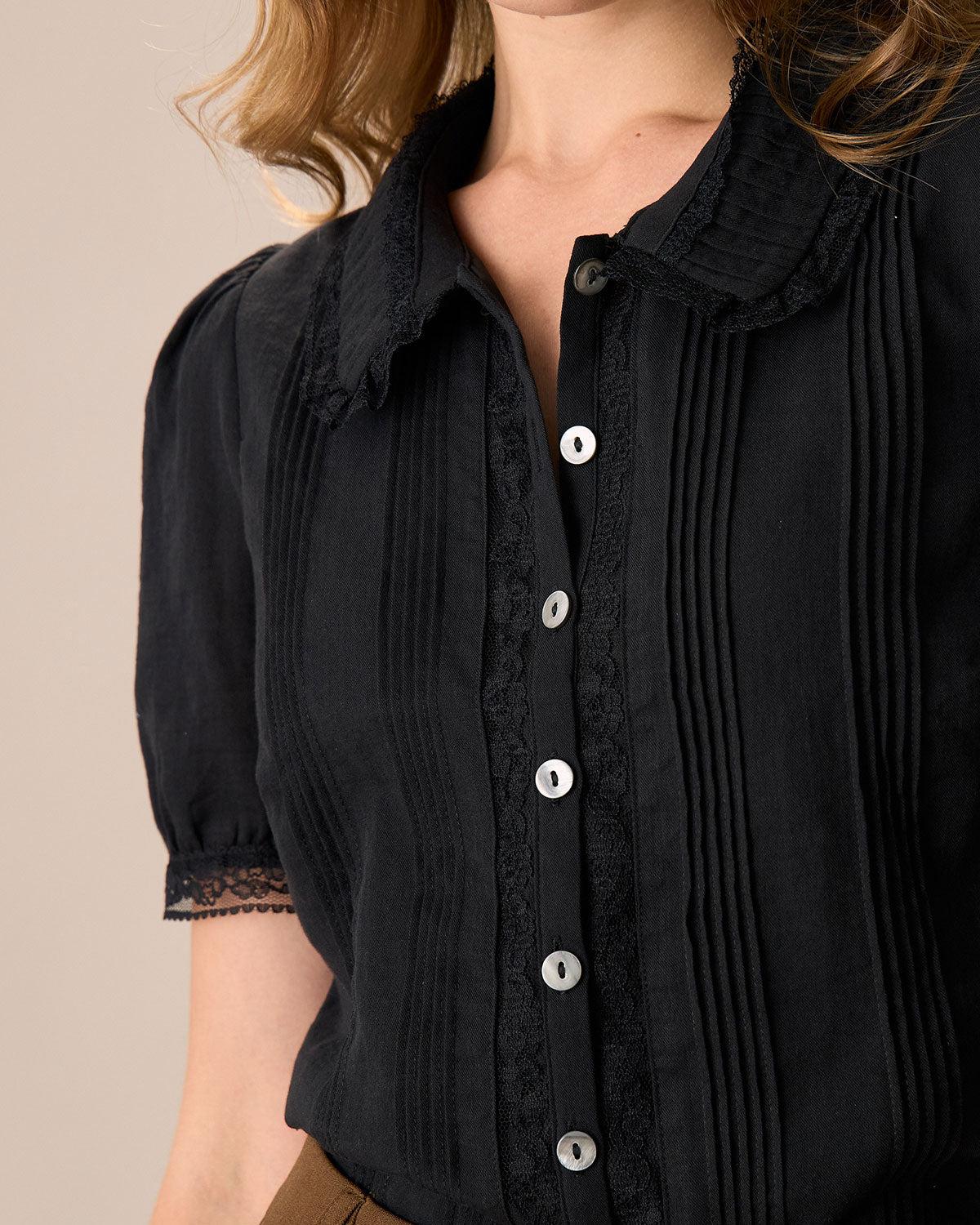 Women's Black Chelsea Collar Lace Trim Cotton Blouse Female Product Image