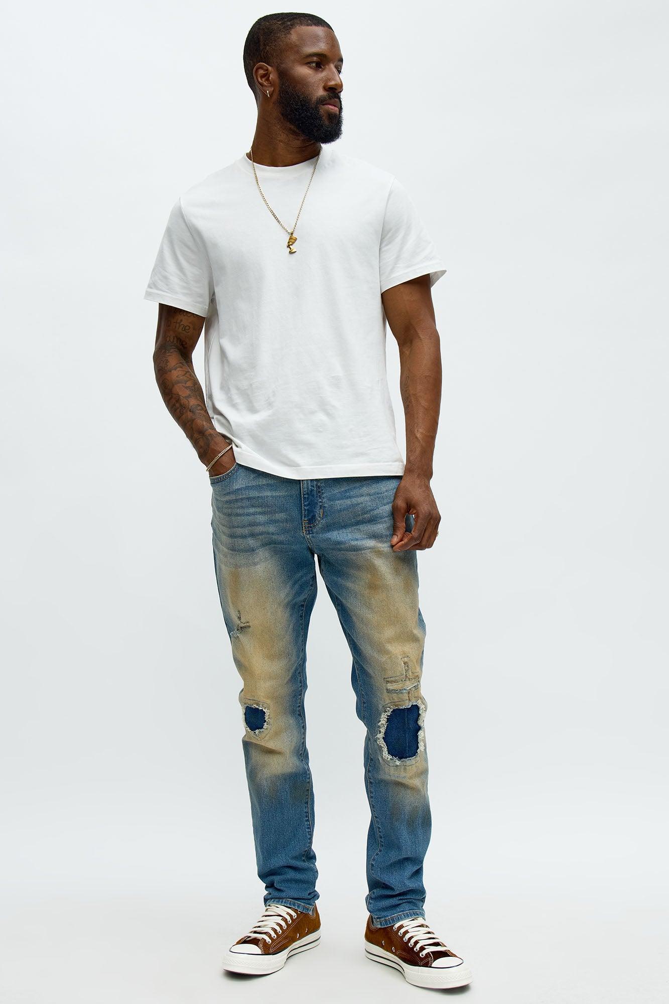 Skinny Going In Circles Repaired Distressed Jeans - Vintage Blue Wash Male Product Image