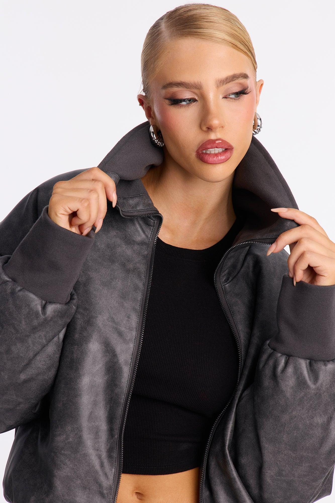 True Desire Washed Faux Leather Bomber Jacket - Charcoal Female Product Image