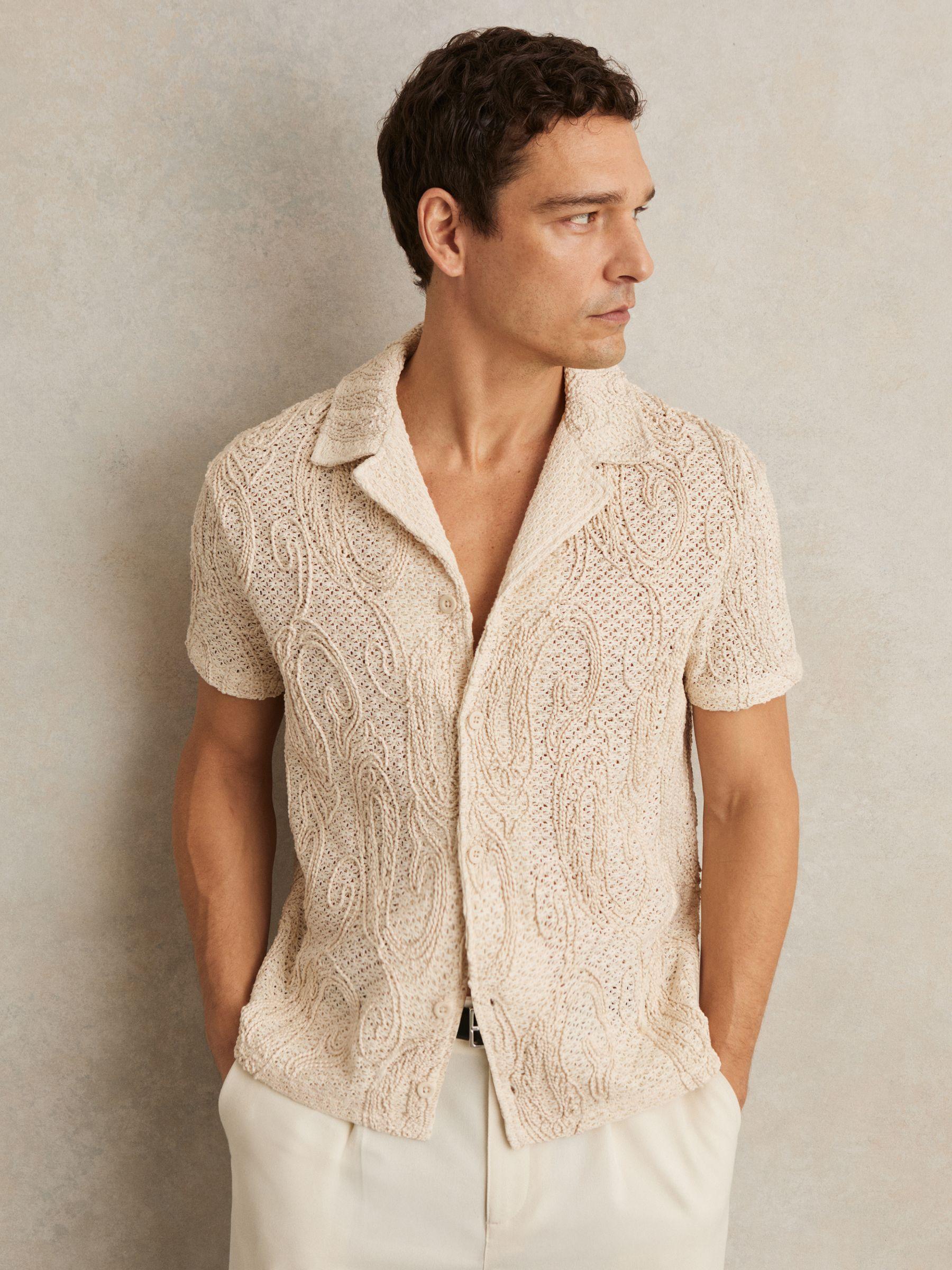 Cotton-Blend Embroidered Crochet Shirt in Oatmeal Product Image