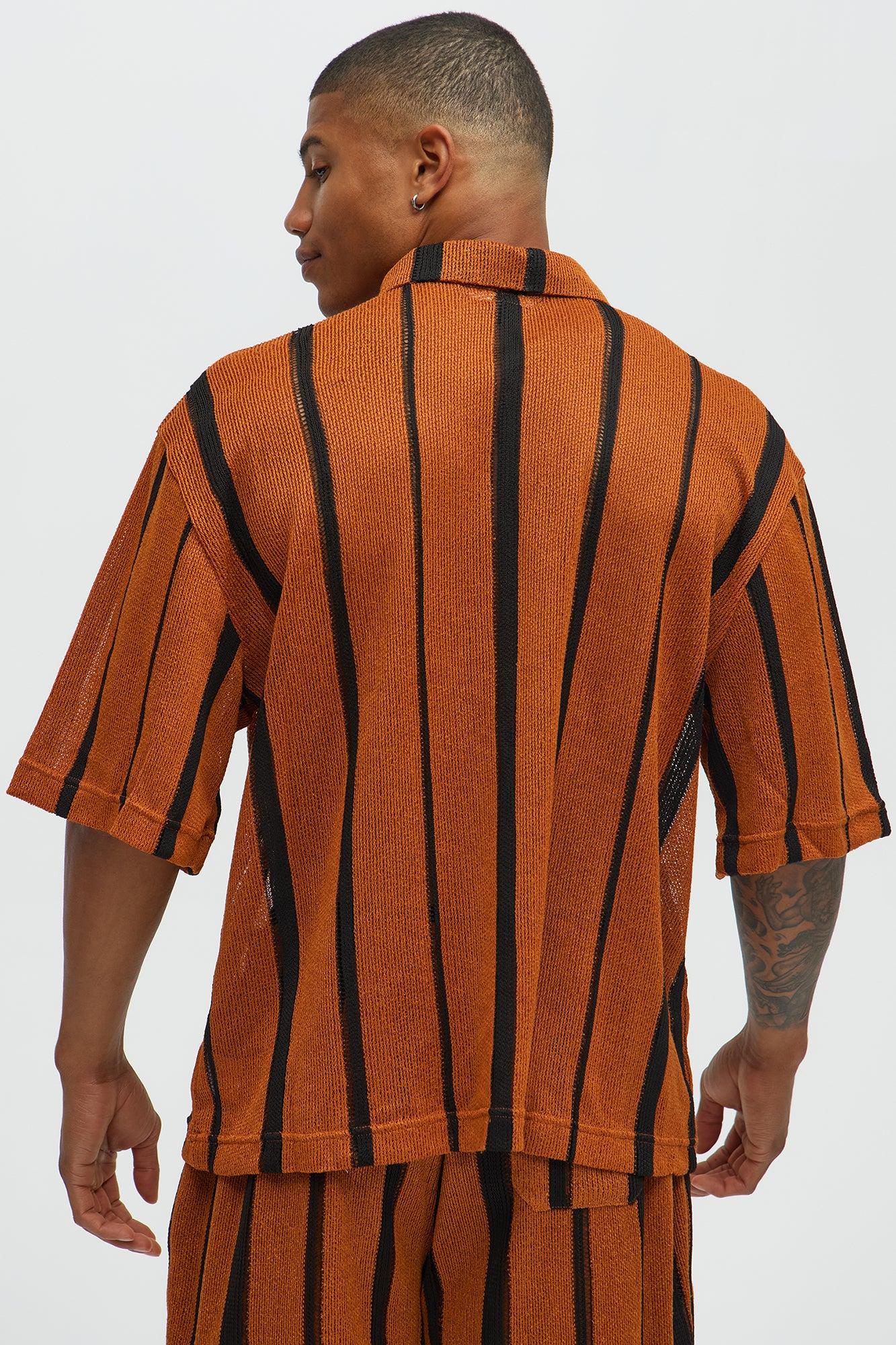 Open Knit Striped Textured Quarter Zip Polo - Brown Product Image