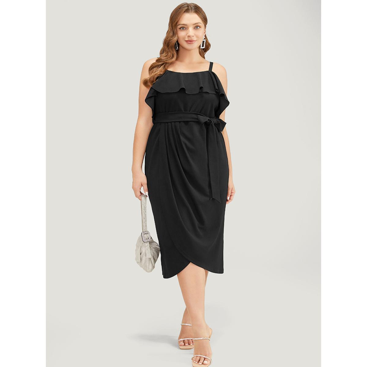 Plus Size Solid Ruffle Trim Belt Pleated Detail Bodycon Cami Dress Black Women Glamour Adjustable Straps Spaghetti Strap Sleeveless Curvy Midi Dress BloomChic 18-20/2X Product Image