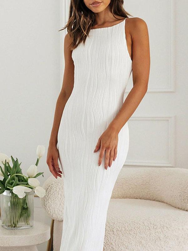 Bodycon Sleeveless Pleated Solid Color Split-Back Split-Joint Zipper Spaghetti-Neck Maxi Dresses Product Image