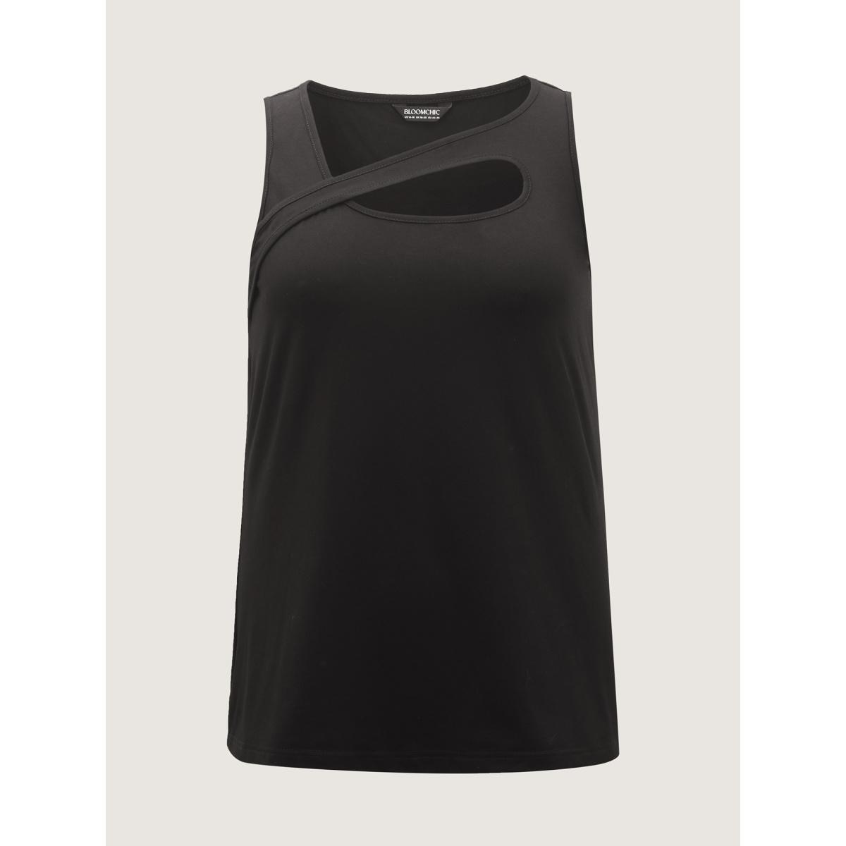 Plus Size Stretchy Neck Cut-Out Solid Tank Top Women Black Leisure Non Asymmetrical Neck Casual Tank Tops Camis BloomChic 12/L Product Image