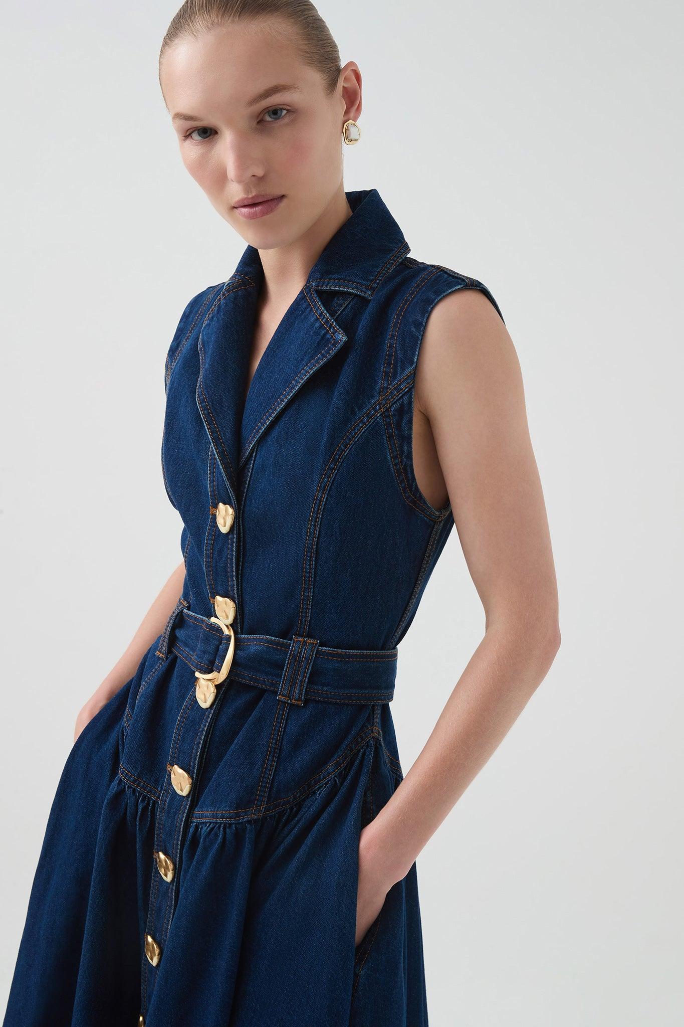 Elena Belted Denim Midi Dress Product Image