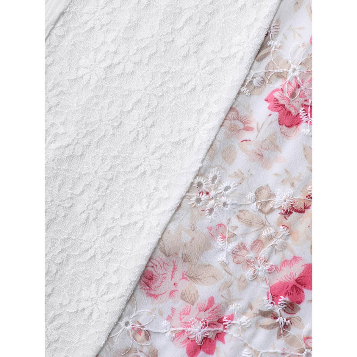 Plus Size Originalwhite Floral Print Panel Sheer Keyhole Blouse Women Short sleeve Round Neck Elegant Blouses BloomChic 26/4X Product Image