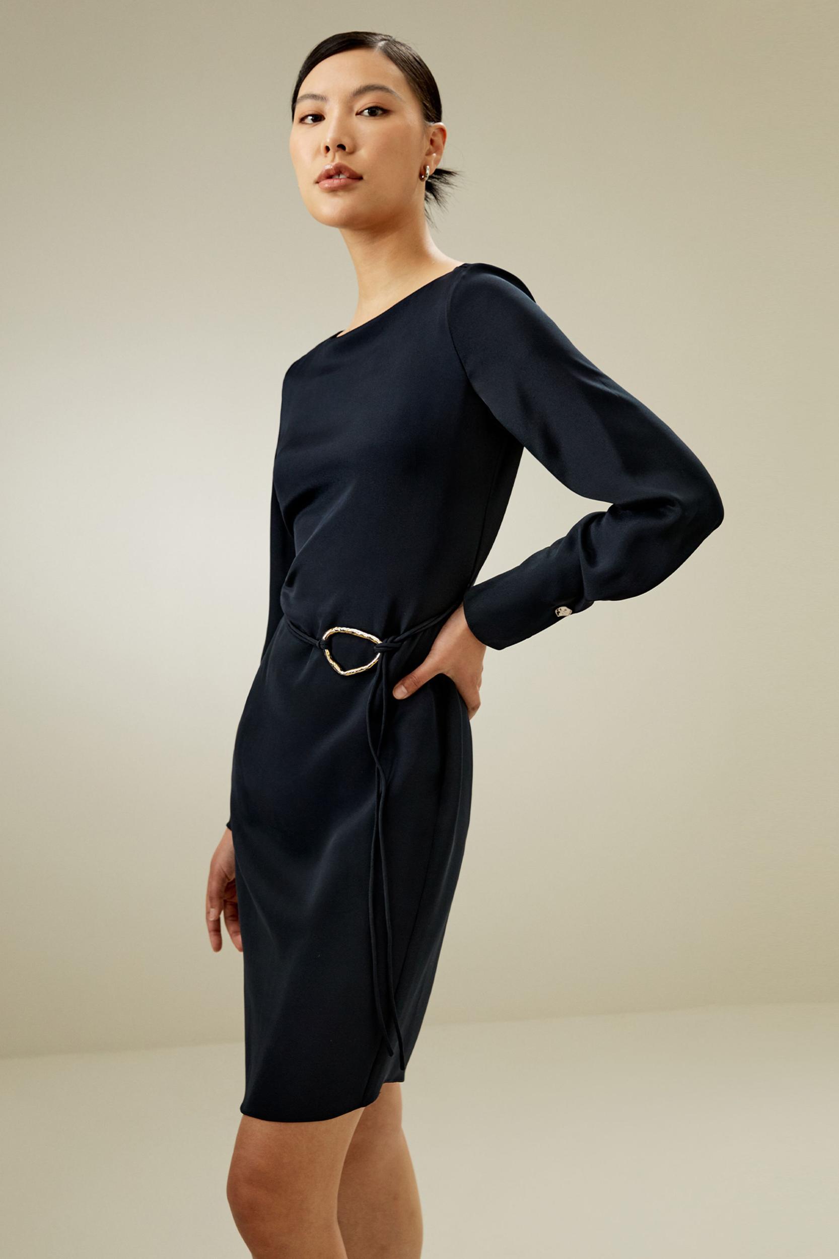 LILYSILK Long Sleeve Silk Dress - for Women - Midnight Blue Heavy Silk - Casual Boat Neck Dress S Product Image