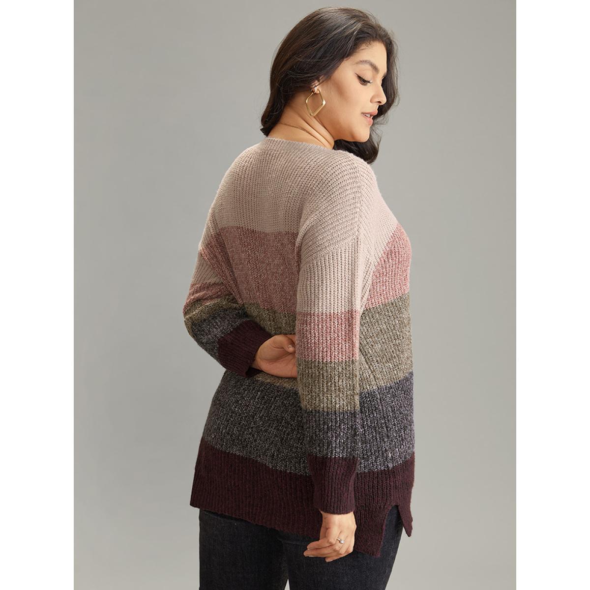 Plus Size Heather Colorblock V Neck Split Hem Pullover Multicolor Women Casual Loose Long Sleeve V-neck Dailywear Pullovers BloomChic 14-16/1X Product Image