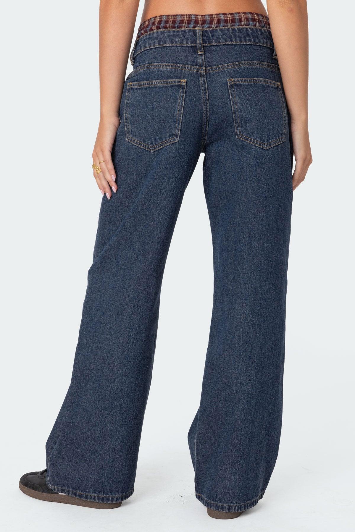 Plaid Boxer Detail Low Rise Baggy Jeans Product Image