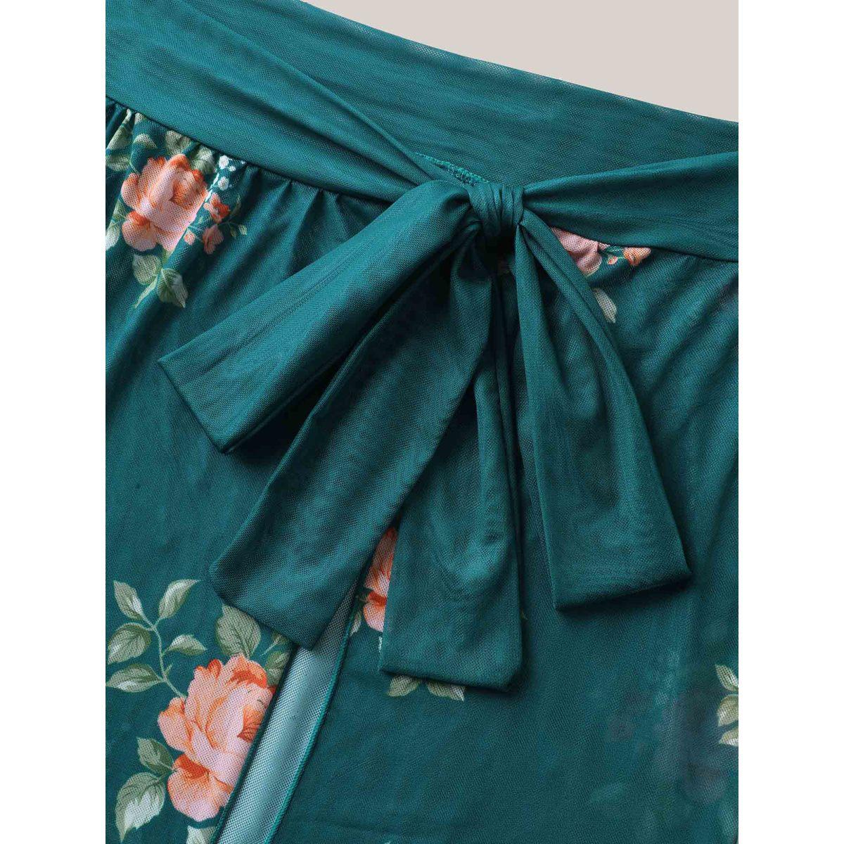 Plus Size Two-Piece Floral Ruffled Knotted One-Piece, Sarong Women's Swimwear Teal Resort Tie knot Curve Bathing Suits High stretch One Pieces BloomChic 14-16/1X Product Image